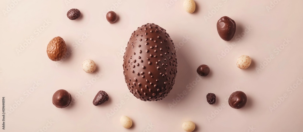 Poster chocolate egg surrounded by assorted candies on a neutral pastel background perfect for easter and c