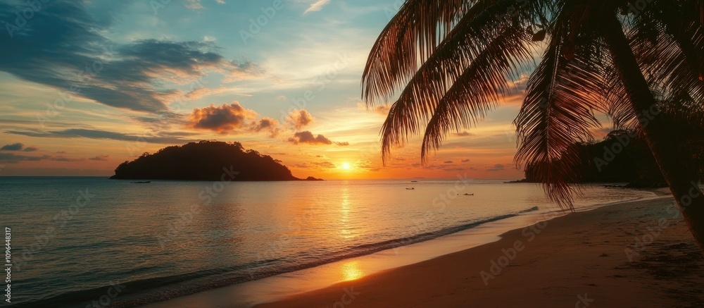 Poster vibrant sunset reflecting on tranquil ocean waves with palm trees framing a serene beach scene