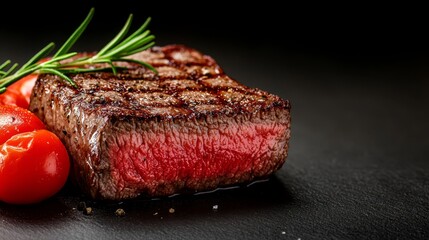  a grilled steak with tomatoes and rosemary sprigs on a black surface The steak is cooked to perfection, with a golden-brown crust and juicy center The tomatoes ar