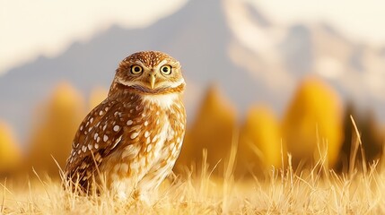  a burrowing owl  perched on a dry grassy field with a blurred background
