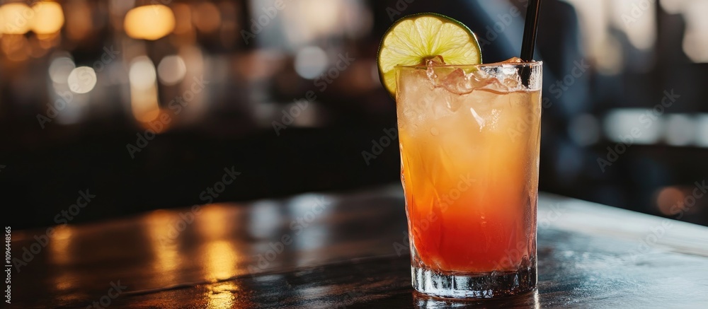 Poster refreshing cocktail with lime slice on wooden table in cozy bar setting