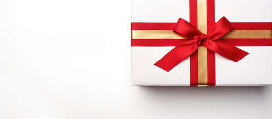 Cozy holiday gift box with red ribbon and gold accents on a white background providing ample copy space for seasonal promotions and messages