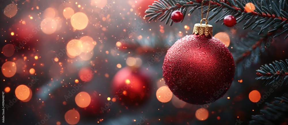 Poster closeup of shimmering red baubles and christmas tree decorations with magical bokeh lights creating 