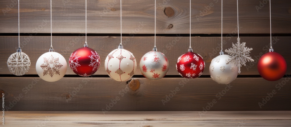 Poster christmas ornaments and snowflakes hanging on a string with wooden background providing ample space 