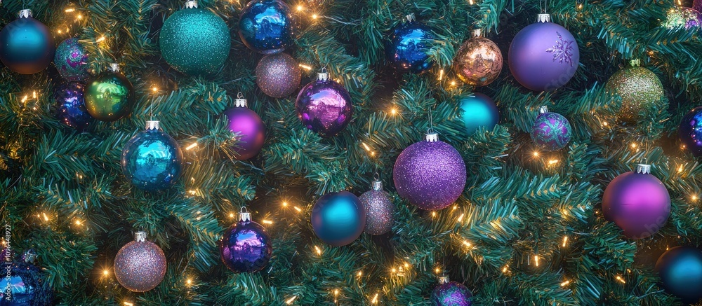 Aufkleber Decorated Christmas tree with colorful baubles and glowing lights creating a festive atmosphere in a closeup bokeh effect