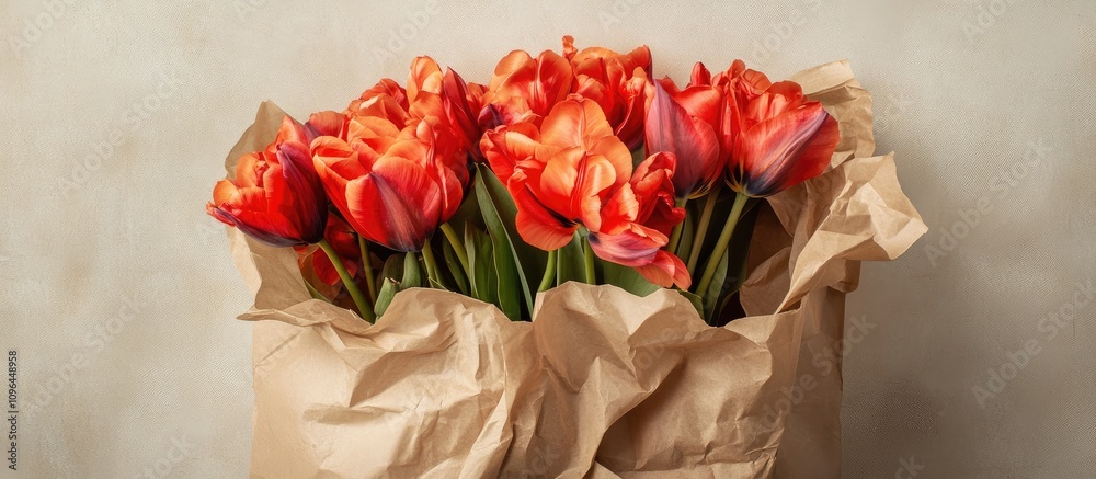 Poster Vibrant tulips wrapped in brown paper creating a charming floral display against a soft light background with space for text.