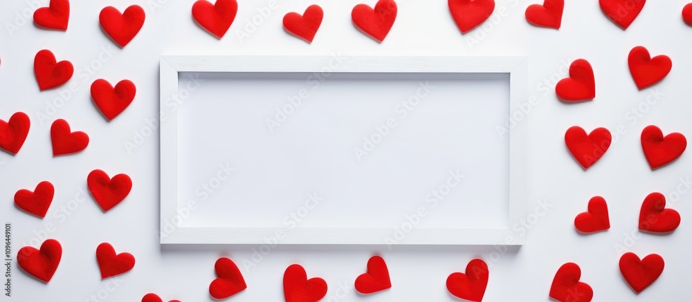 Aufkleber flat lay arrangement of red hearts surrounding a blank photo frame on a white background for creativ