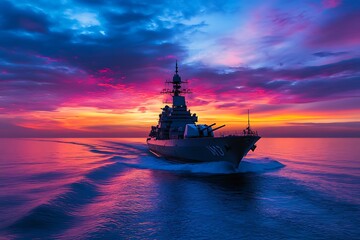 Fototapeta premium A warship navigates through vibrant waters at sunset, showcasing military strength and beauty.