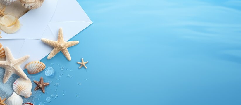 Seashells and starfish arranged beside an envelope on a serene blue background for coastal themed invitations or announcements
