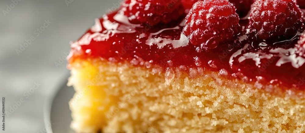 Poster delicious slice of moist cake adorned with fresh raspberries and glossy red glaze on a textured surf