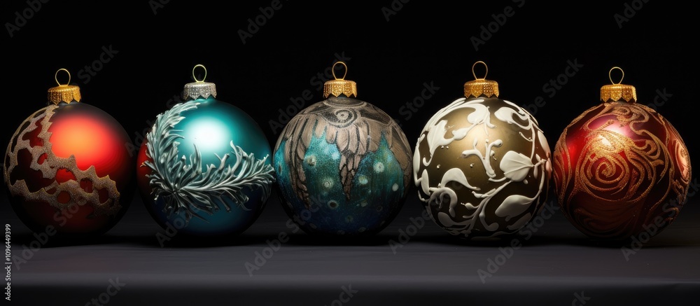 Poster Elegant holiday ornaments in various colors and intricate designs displayed on a dark background for festive seasonal decor inspiration.