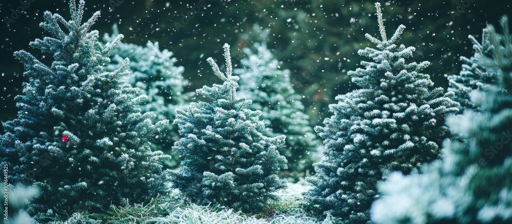 Aufkleber frost-covered christmas trees in a serene winter wilderness with gentle snowfall creating a festive 