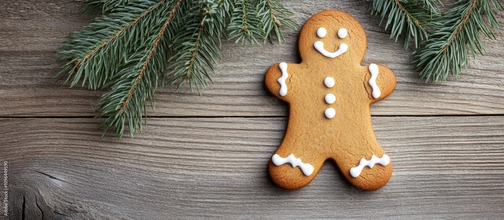 Poster christmas greeting card design with gingerbread cookie and fir tree branch on weathered wooden backg