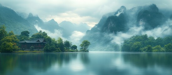 Serene Misty Landscape of Asian River with Mountains and Lush Greenery in Tranquil Atmosphere
