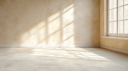  an empty room with a window on the right side and a wall in the background The floor is tiled and the walls are painted in a neutral color The window is open, let