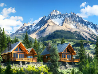 Fototapeta premium Scenic mountain view featuring two cozy cabins surrounded by lush greenery and towering peaks.
