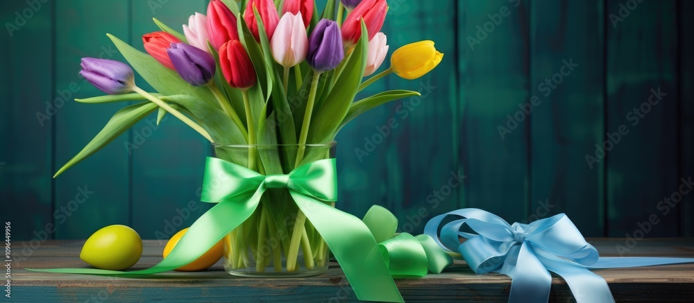Aufkleber spring celebration with colorful easter eggs and vibrant tulip bouquet adorned with ribbons on a rus