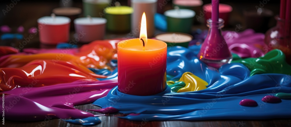 Aufkleber Vibrant candle surrounded by colorful paint splashes on a wooden table creating a dynamic and artistic atmosphere