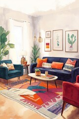 Bright living room, colorful rug, comfy sofa.
