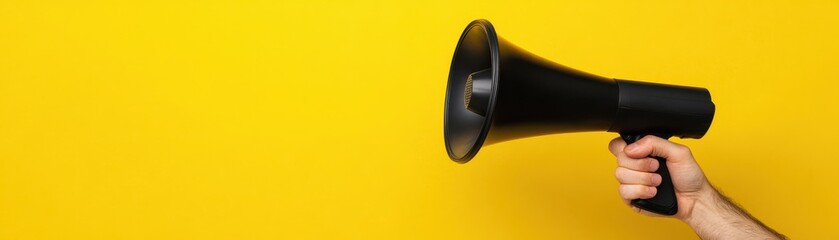 A hand holding a black megaphone against a bright yellow background, symbolizing communication, announcements, and engagement.