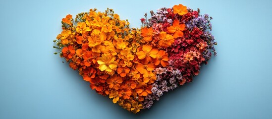 Colorful floral heart arrangement on a blue background symbolizing love and romance in a vibrant and artistic presentation