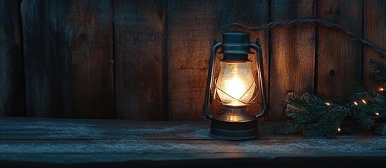 Vintage Christmas lantern glowing on a rustic wooden surface with festive greenery and evening ambiance for a cozy atmosphere.