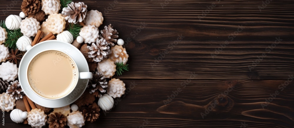 Aufkleber christmas coffee arrangement with festive dã©cor including waffles pinecones and marshmallows on a r