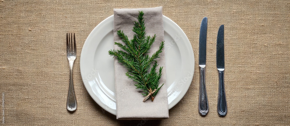 Poster festive dinner table setting with rustic decor grey linen napkin on plate adorned with greenery knif