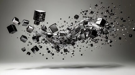 Dynamic Shattered Cube Explosion with Black and White Dispersal of Digital Art Abstract