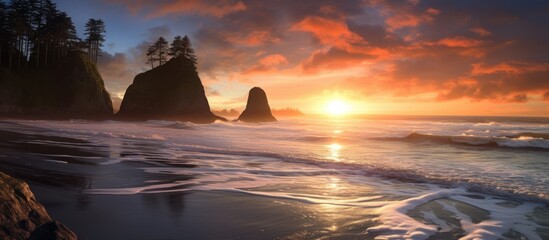 Tranquil Sunset Over Rugged West Coast with Silhouetted Rocks and Gentle Waves