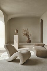 Minimalist beige room, curved furniture, dried flowers.
