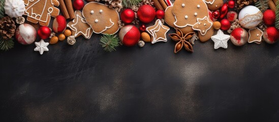 Festive holiday arrangement of gingerbread cookies ornaments and pinecones on a dark background perfect for greeting card or invitation design