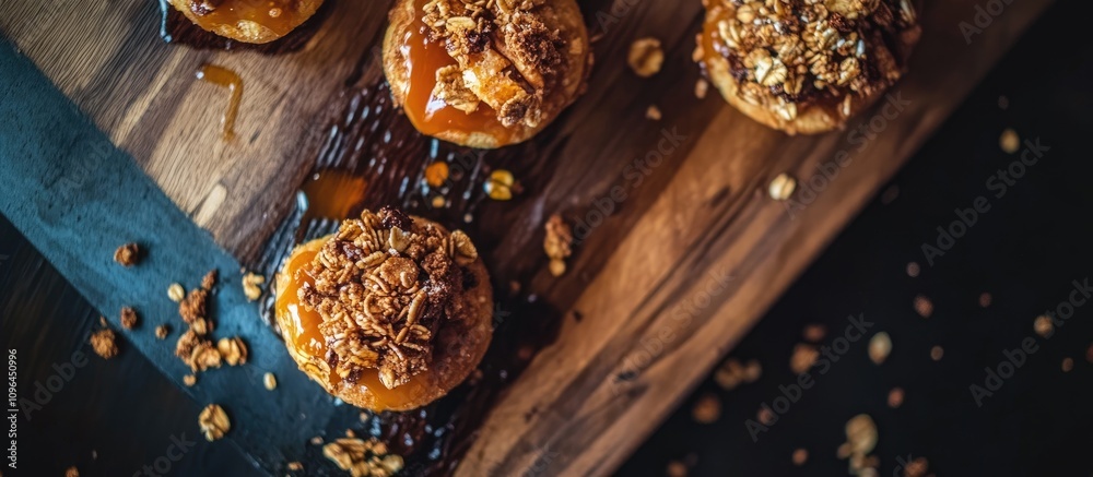 Poster freshly baked croffles topped with granola and caramel on a rustic wooden board, creating a tempting