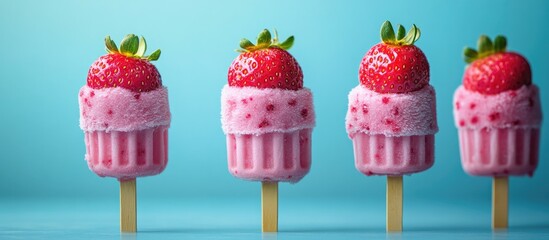 Strawberry popsicles wearing face masks on a blue background showcasing creativity and fun in food presentation during health awareness campaigns