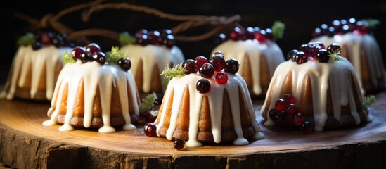 Mini bundt cakes with sugar glaze and currants on a wood slice illuminated by soft lights in a rustic kitchen setting