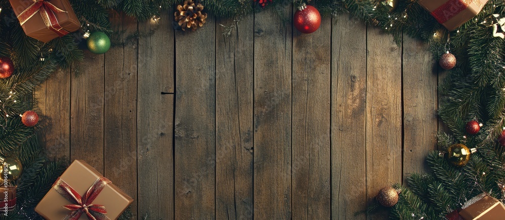 Poster festive christmas frame with fir branches and colorful decorations on rustic wooden background ideal