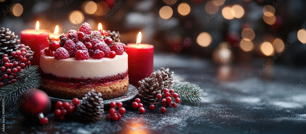 Poster christmas cakes with raspberries and warm candlelight on a festive table surrounded by holiday decor