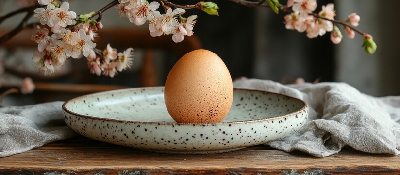 Natural still life with an egg on a rustic plate surrounded by spring blossoms and soft linen on weathered wooden table - Powered by Adobe