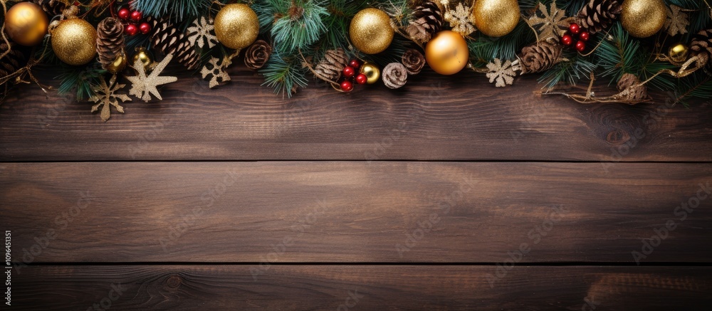 Poster festive christmas new year decoration aerial view with golden ornaments and pine branches on rustic 