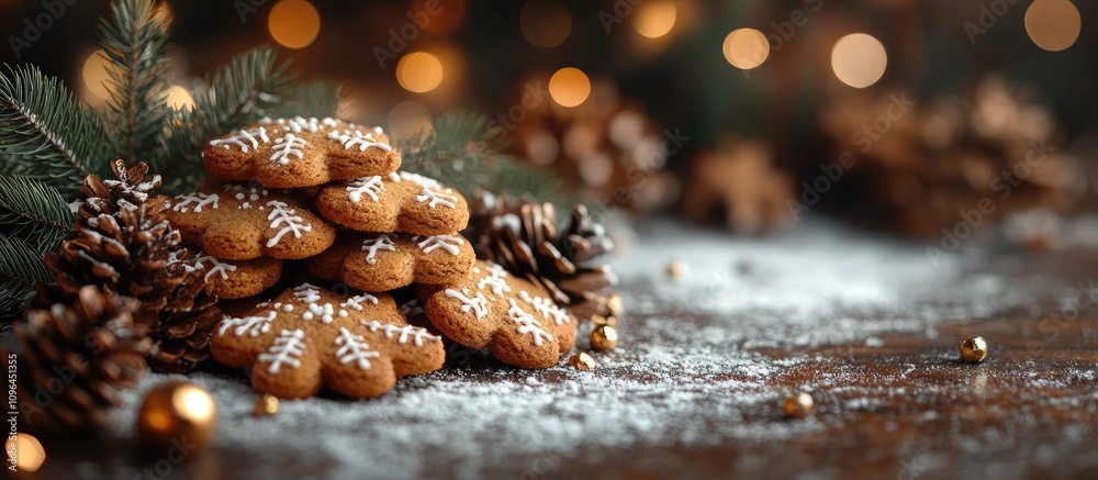 Poster Festive display of gingerbread cookies adorned with icing on a rustic table with pine cones and holiday bokeh lights in the background