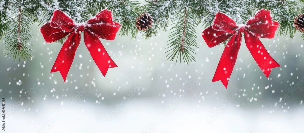 Poster festive christmas frame with fir branches red ribbons snowflakes and bokeh background for seasonal d