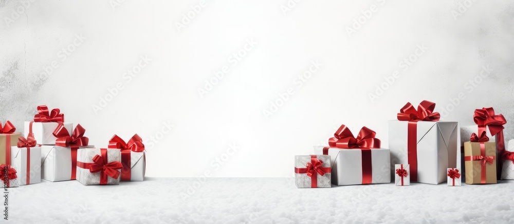 Poster christmas holiday card design with wrapped presents and red bows on a white background offering ampl