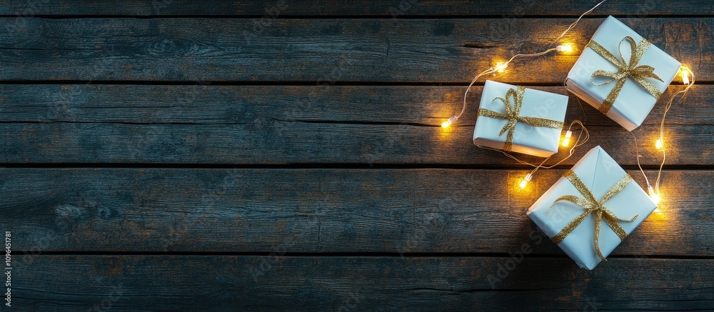 Aufkleber festive white and golden wrapped gifts on rustic wooden surface illuminated by warm lights creating 