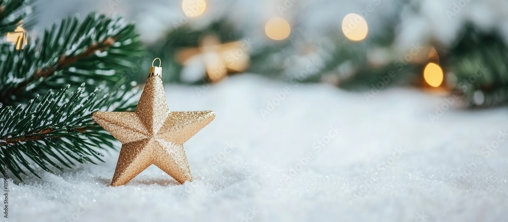 Poster Christmas Background with Golden Star Ornament and Pine Branches for Card Design Featuring Space for Customizable Text