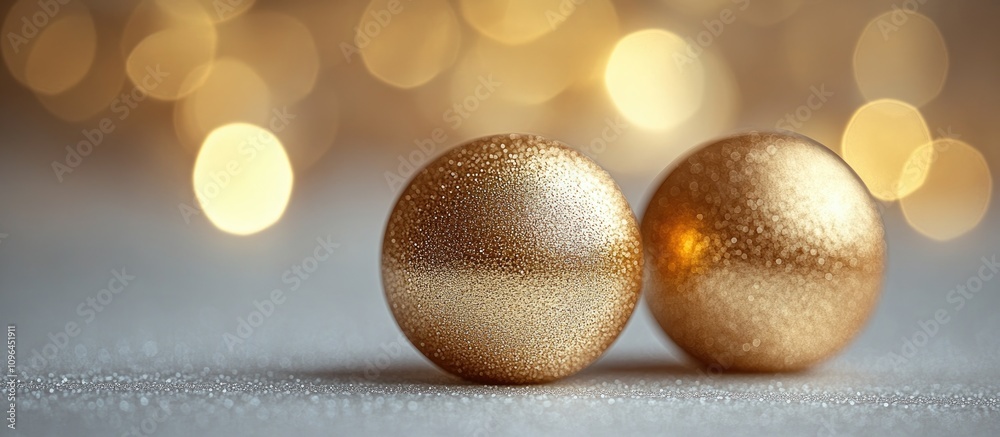 Poster Elegant golden spheres on a soft white surface with a blurred warm bokeh background creating a luxurious festive atmosphere.