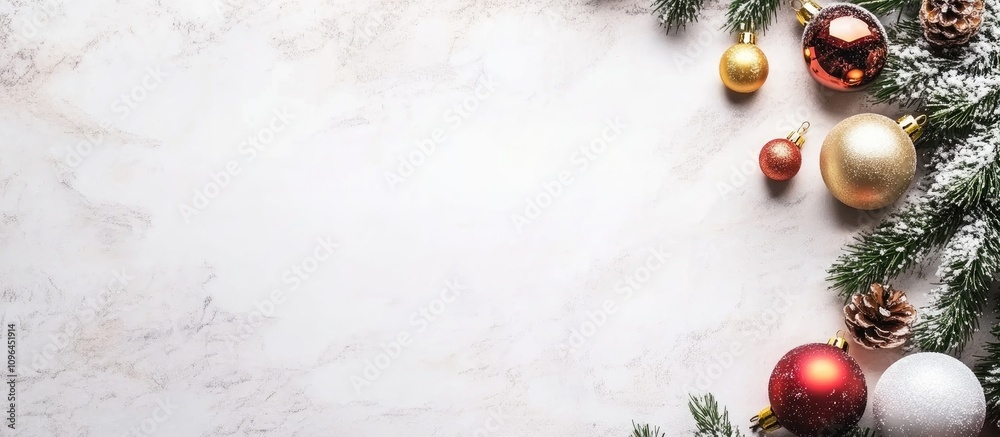 Poster elegant christmas backdrop with fir tree branches ornaments and pine cones on a white marble surface