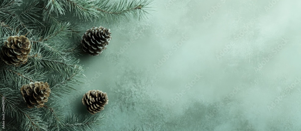 Poster soft green christmas backdrop with fir branches and pine cones creating a festive holiday atmosphere