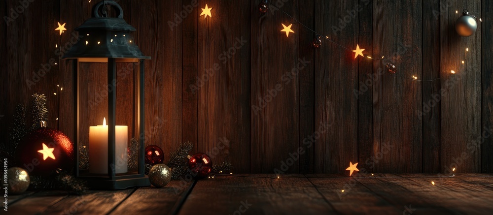 Poster christmas lantern illuminated by a candle with decorative balls and stars on a rustic wooden surface