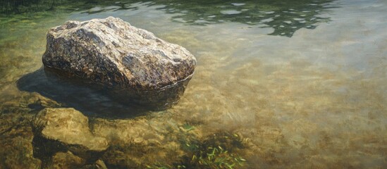 Naklejka premium Granite Rock Surrounded by Algae in Tranquil Shallow Water Under Natural Light