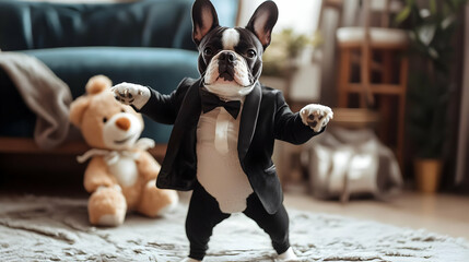 A dapper dog in a tuxedo stands playfully in a cozy living room with a teddy bear nearby.